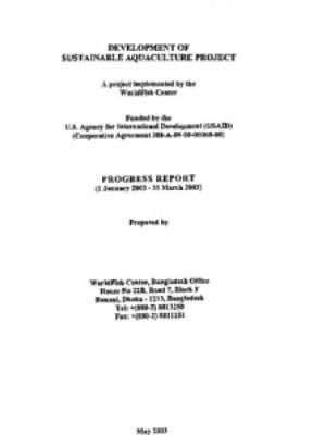 Development of sustainable aquaculture project: progress report (1 July 2003 - 30 September 2003)