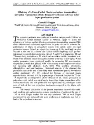 Efficiency of African catfish Clarias gariepinus in controlling unwanted reproduction of Nile tilapia Oreochromis niloticus in low input production system
