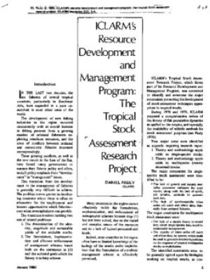 ICLARM's Resource Development and Management Program: the Tropical Stock Assessment Research Project