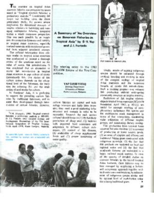 A summary of "An overview on reservoir fisheries in tropical Asia" by S.-Y. Yap and J.I. Furtado