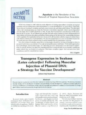 Transgene expressions in seabass (Lates calcarifer) following muscular injection of plasmid DNA: a strategy for vaccine development?