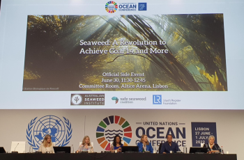 Shakuntala Haraksingh Thilsted  (middle), Vincent Doumeizel (second from left), and other members of the Safe Seaweed Coalition presenting in a side session during the 2022 UN Ocean Conference in Lisbon, Portugal. Photo by Ben Wismen.