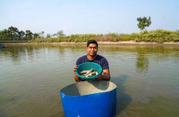 A farmer with G3 rohu fingerlings ready for stocking in his pond. Harun Or Rashid_WorldFish
