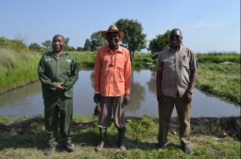 From left to right: Reuben Banda, the Managing Director of Musika; His Royal Highness Chief Chabula of Lupososhi District; and Dr. Victor Siamudaala, WorldFish Country Director for Zambia and Southern Africa