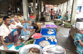 Small quantities of fish on sale, few customers present, and little PPE being worn at retail market in Muktagacha town, Mymensingh (August 8, 2020) - Photo: M. Mahfujul Haque.