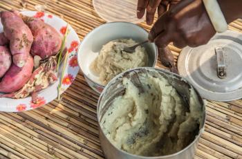 Namakando Mubiana, local farmer, serving food, Barotse floodplain, Zambia. Photo by Clayton Smith.