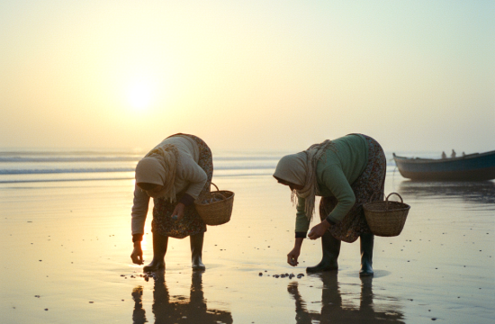Two small-scale Moroccan fisherwomen doing gleaning activities at Atlantic coastline in Morocco. Photo by Menna Mosbah, Gender and social inclusion consultant, WorldFish, Egypt. 2024. Edited by Photoshop.