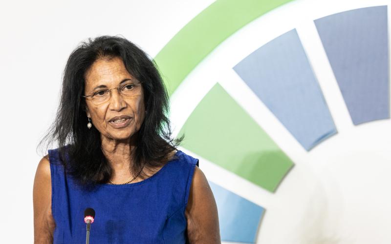 Shakuntala Thilsted presenting her speech on aquatic foods for health, wealth and ecological recovery at the UN Food Systems Pre-Summit event. Photo by Cristiano Minichiello/UN Photo. 