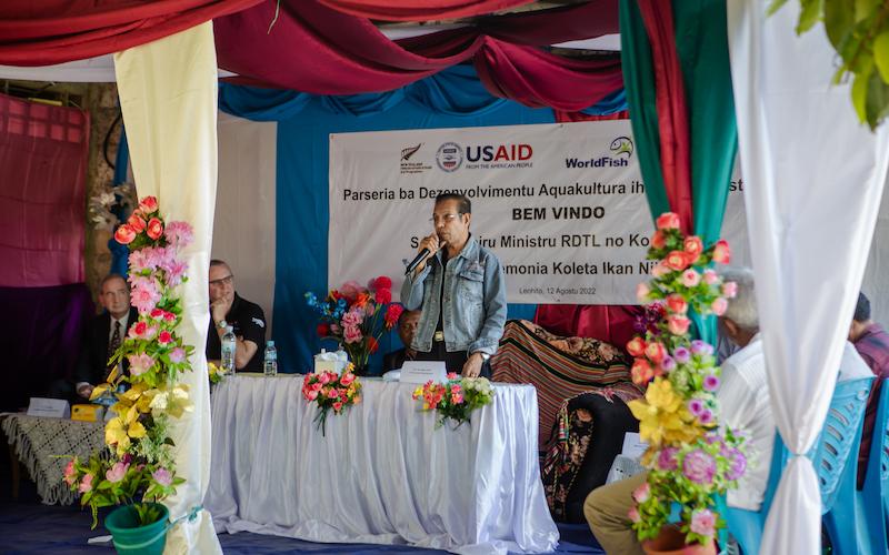 Timor-Leste Prime Minister Taur Matan Ruak addressing the more than 300 guests at the Fish Harvesting Ceremony and Farmer Field Day on 12 August 2022 in Leohitu, Bobonaro. Photo by Shandy Santos.