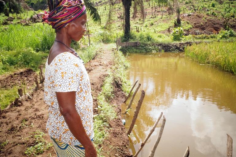 A project beneficiary surveying a project pond in Nokobar community, Sierra Leone. Photo by Monica Pasqualino.