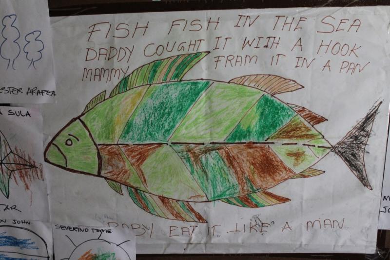 A drawing and song - “Fish fish in the sea, daddy caught it with a hook, mummy fried it in a pan, baby eats it like a man” - from the kindergarten in a community in the north of Malaita Province, Solomon Islands. Pip Cohen, 2016.