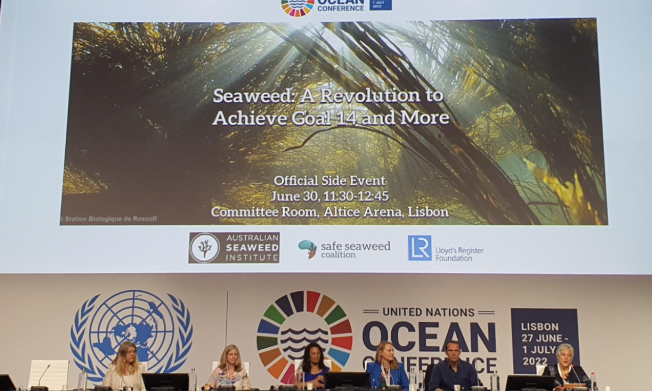 Shakuntala Haraksingh Thilsted  (middle), Vincent Doumeizel (second from left), and other members of the Safe Seaweed Coalition presenting in a side session during the 2022 UN Ocean Conference in Lisbon, Portugal. Photo by Ben Wismen.