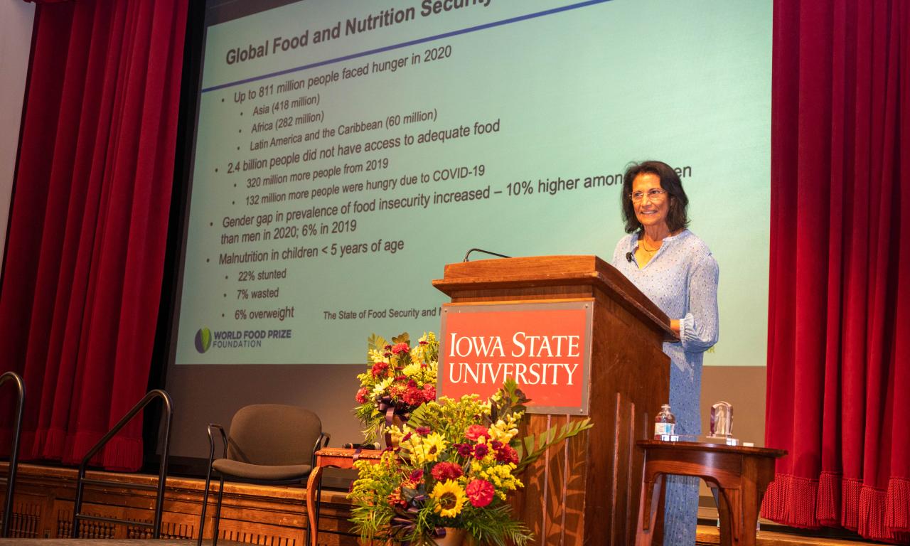 World Food Prize Winner Shakuntala Thilsted presents a lecture at Iowa State University in Des Moines. Photo by Finn Thilsted.
