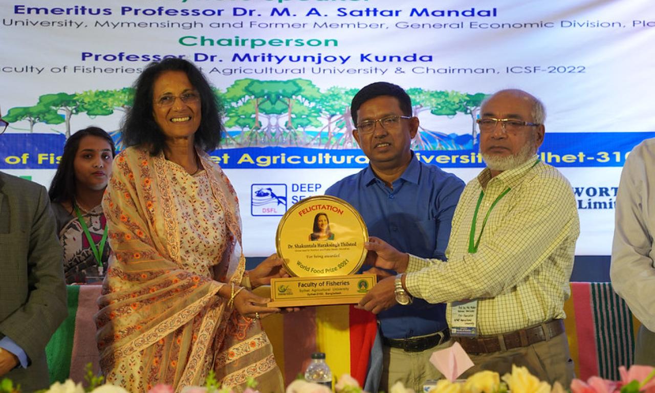 Shakuntala Haraksingh Thilsted was recognized at the recent International Conference on Sustainable Fisheries (ICSF) for her contributions to developing holistic, nutrition-sensitive approaches to aquatic food systems. Photo by Mohammad Shohorab Hossain 