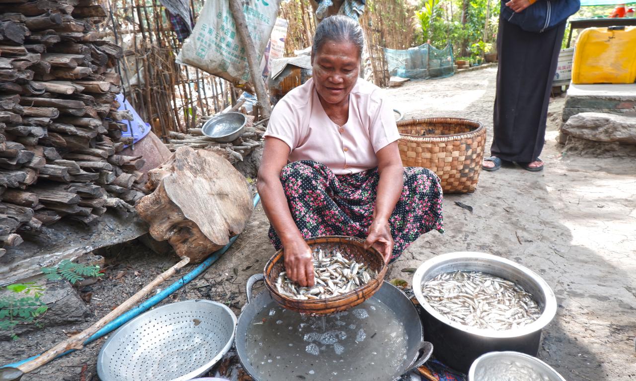 A woman washes small fish in Myanmar. Photo by Kyaw Win Khaing