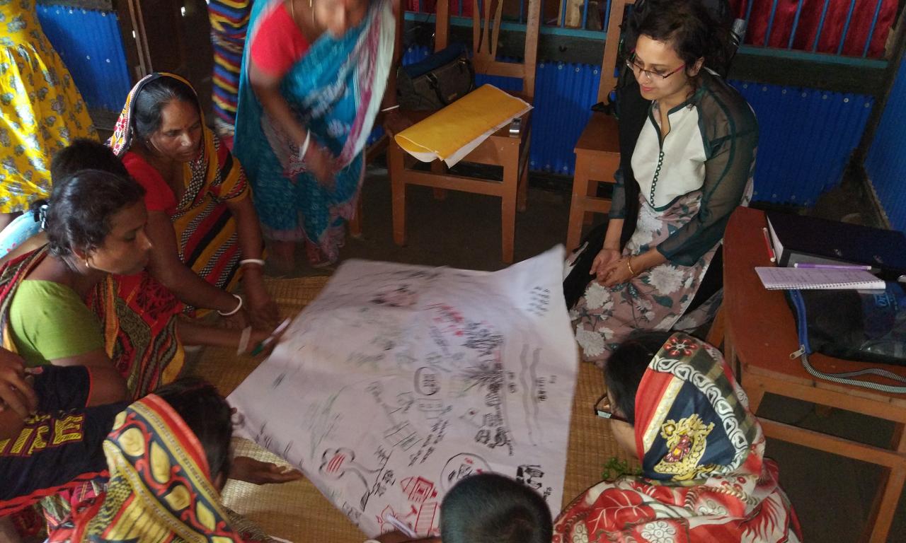 A focus group discussion with women aquaculture entrepreneurs in rural Bangladesh, facilitated as part of gender equity research. Photo: Sarah Sultana.