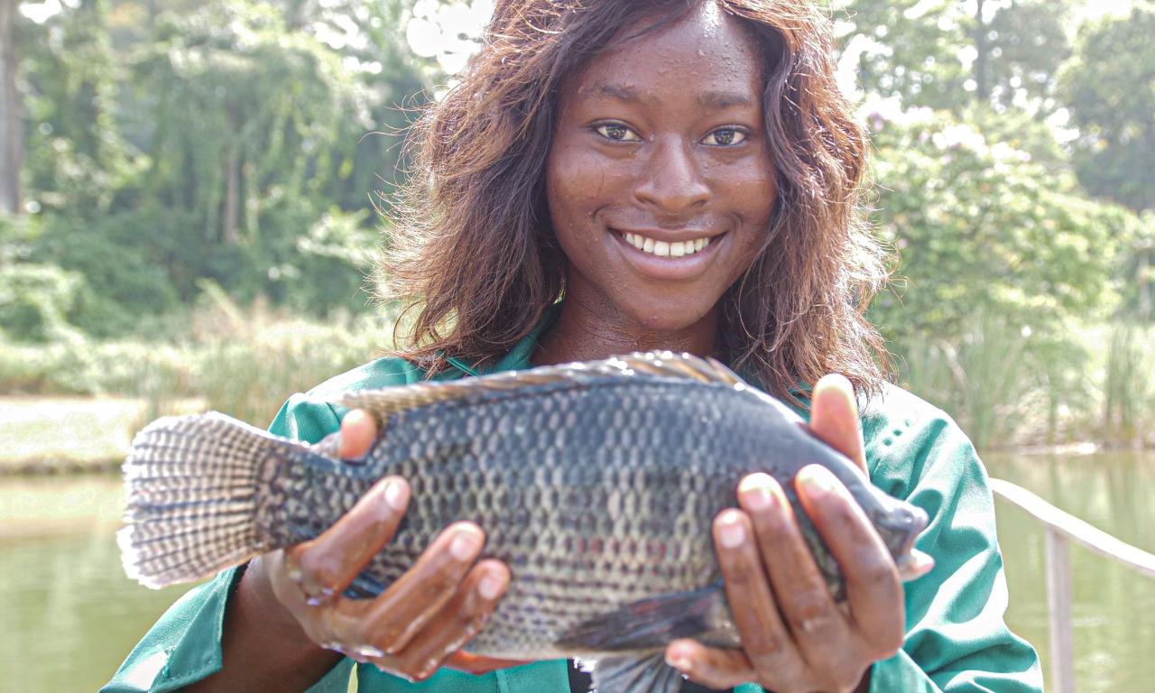 Nigerian youth entrepreneur poses with her farmed tilapia. Photo by Olaniyi Ajibola. 