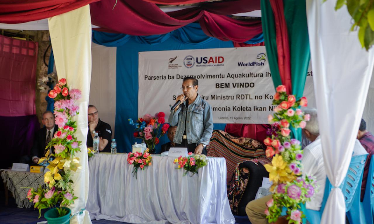 Timor-Leste Prime Minister Taur Matan Ruak addressing the more than 300 guests at the Fish Harvesting Ceremony and Farmer Field Day on 12 August 2022 in Leohitu, Bobonaro. Photo by Shandy Santos.
