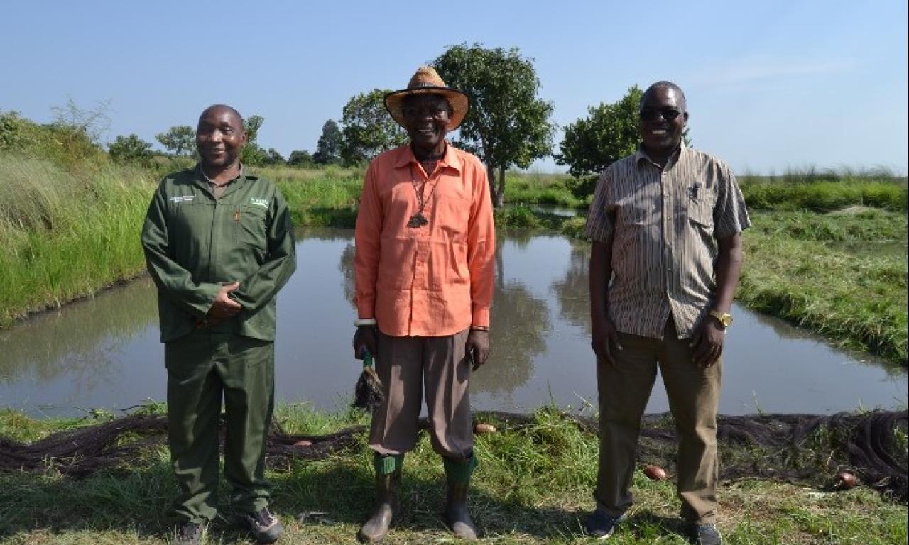 From left to right: Reuben Banda, the Managing Director of Musika; His Royal Highness Chief Chabula of Lupososhi District; and Dr. Victor Siamudaala, WorldFish Country Director for Zambia and Southern Africa