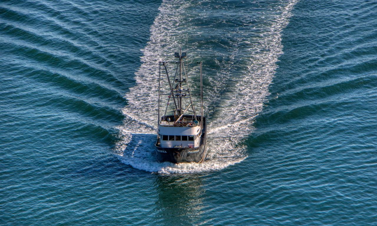 Close up photo of a boat creating a wake in the surrounding water 